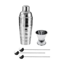 Trio cocktails shaker, doseur a alcool et 3 cuilleres a cocktail inox