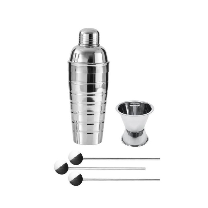Trio cocktails shaker, doseur a alcool et 3 cuilleres a cocktail inox