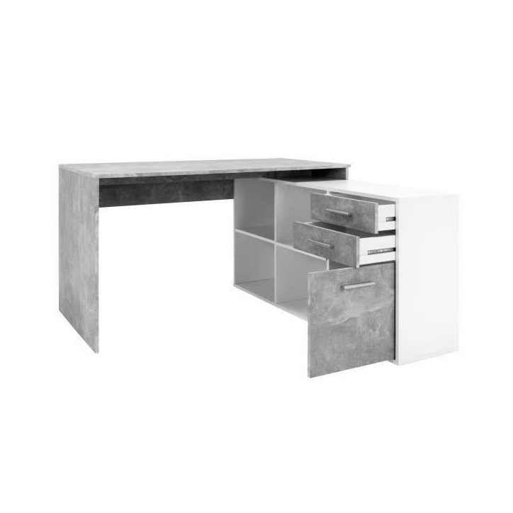 Bureau d'angle LONDON - Panneaux de particules - Décor béton structuré, blanc - 136 x 75 x 139 cm