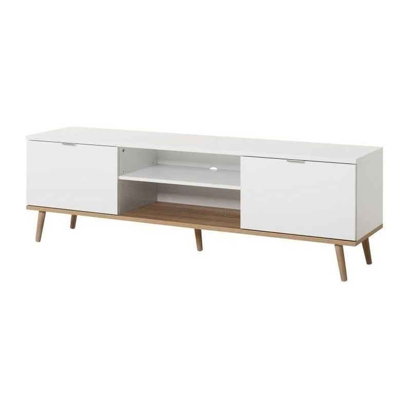 Meuble TV scandinave GÖTEBORG - Blanc - 2 Portes - L 160 x P 40 x H 5