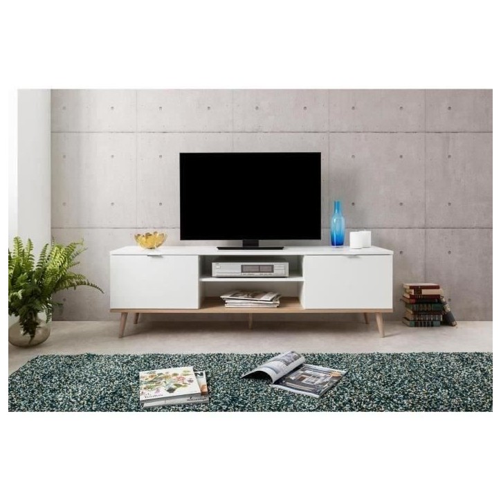 Meuble TV scandinave GÖTEBORG - Blanc - 2 Portes - L 160 x P 40 x H 50 cm Meuble TV scandinave GÖTEBORG - Blanc - 2 Portes - L 160 x P 40 x H 50 cm