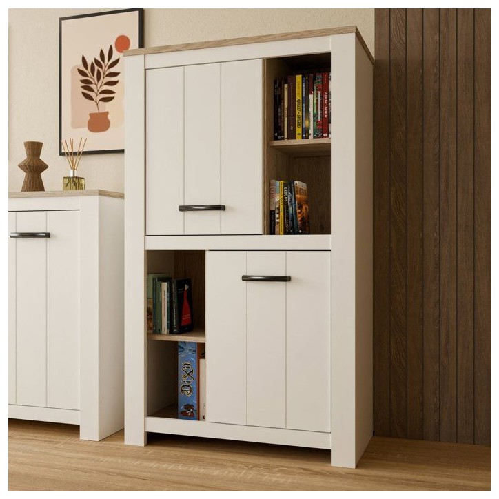 Buffet haut - ELARA - Chene / Blanc mat - 2 portes - 4 niches - 86,7 x 42,2 x 147,1 cm
