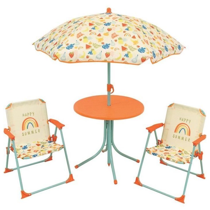 FUN HOUSE Fruity's Salon de jardin - 1 table H.46 x ø46 cm, 2 chaises H.53xl.38,5xP.37,5 cm et 1 parasol H.125 x ø100 cm
