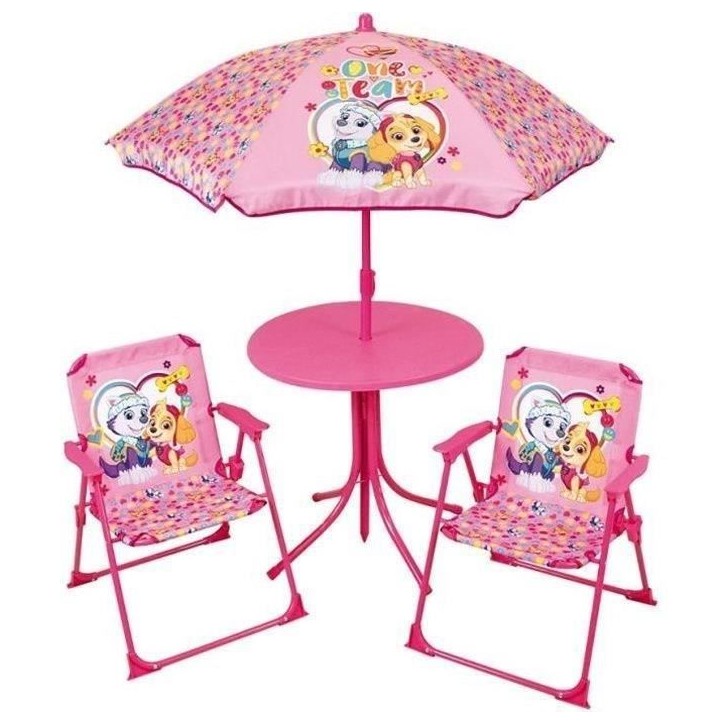 Salon de jardin FUN HOUSE PAT'PATROUILLE - 1 table 46xø46 cm, 2 chaises H.53xl.38,5xP.37,5cm et 1 parasol