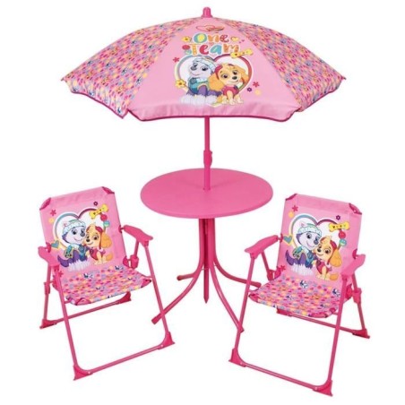 Salon de jardin FUN HOUSE PAT'PATROUILLE - 1 table 46xø46 cm, 2 chaises H.53xl.38,5xP.37,5cm et 1 parasol