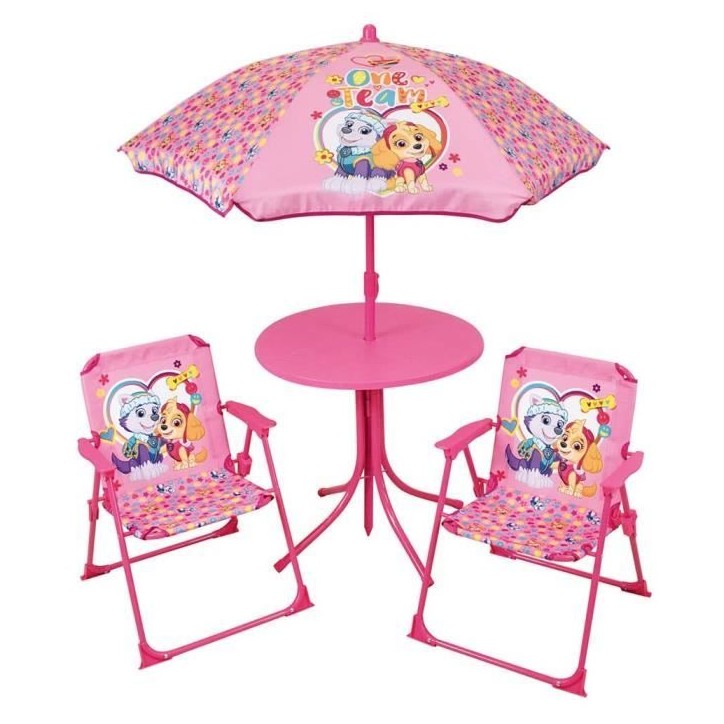 Salon de jardin FUN HOUSE PAT'PATROUILLE - 1 table 46xø46 cm, 2 chaises H.53xl.38,5xP.37,5cm et 1 parasol