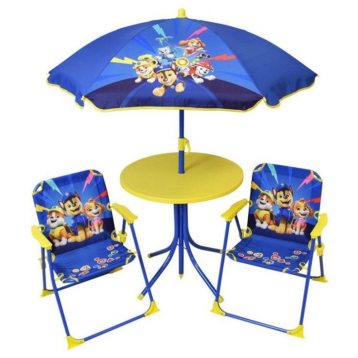 Salon de jardin FUN HOUSE PAT'PATROUILLE - 1 table 46 x Ø46 cm, 2 chaises 53 x L.38,5 x P.37,5 cm et 1 parasol H.125 x Ø100 cm Salon de jardin FUN HOUSE PAT'PATROUILLE - 1 table 46 x Ø46 cm, 2 chaises 53 x L.38,5 x P.37,5 cm et 1 parasol H.125 x Ø100 cm