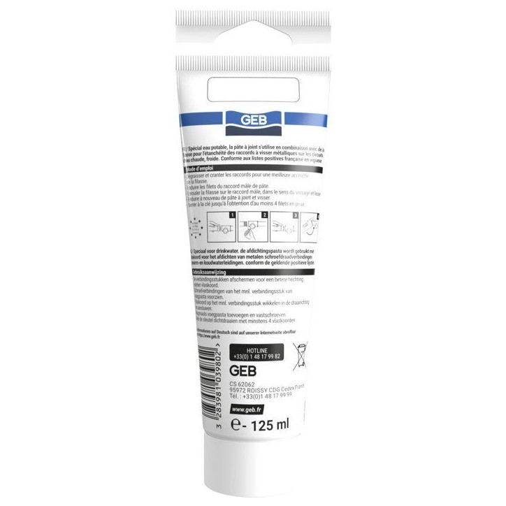 Pâte a joint - GEB - Compatible eau potable - Tube 125 ml Pâte a joint - GEB - Compatible eau potable - Tube 125 ml