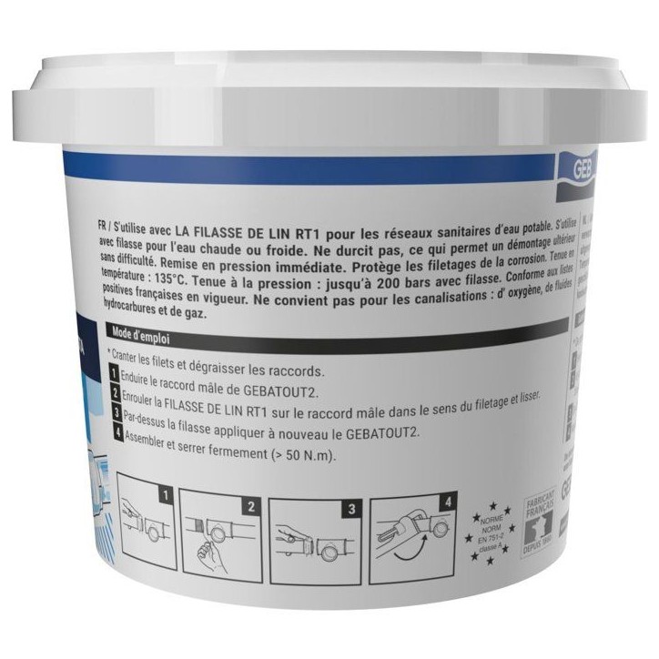 Pâte a joint Gebatout 2 - GEB - Compatible eau potable - Pot 500 g Pâte a joint Gebatout 2 - GEB - Compatible eau potable - Pot 500 g