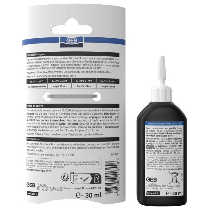 RLC + Résine pour raccordement laiton, cuivre sans flamme - GEB - 30 ml