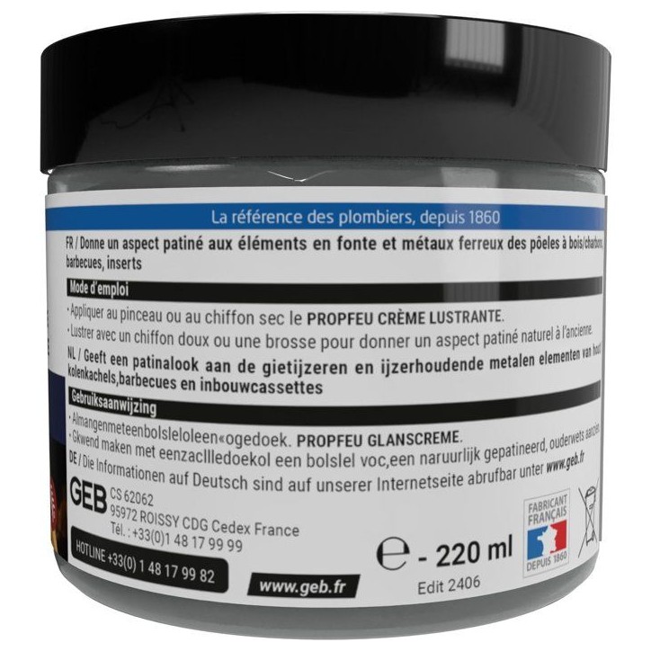 Creme lustrante Propfeu- GEB - Entretien et protege la fonte - Pot 220 ml Creme lustrante Propfeu- GEB - Entretien et protege la fonte - Pot 220 ml