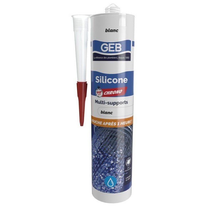 Silicone sanitaire multi-supports - 60 Chrono - GEB - Blanc - 280 ml Silicone sanitaire multi-supports - 60 Chrono - GEB - Blanc - 280 ml