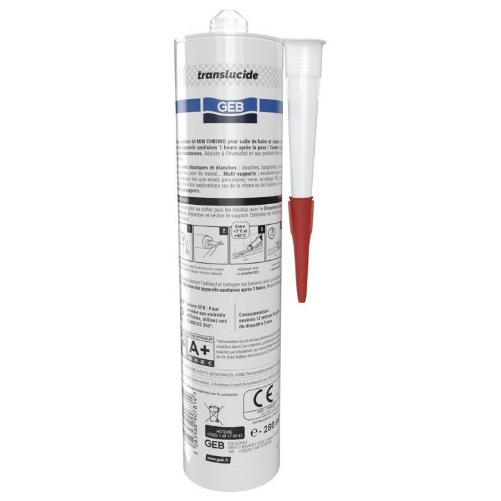Silicone sanitaire multi-supports - 60 Chrono - GEB - Translucide - 280 ml Silicone sanitaire multi-supports - 60 Chrono - GEB - Translucide - 280 ml