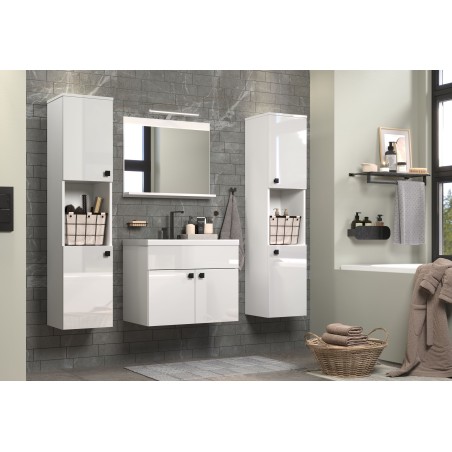 Salle de bain complete - Blanc brillant - 2 colonnes a suspendre + Meuble vasque + miroir - HAVEN