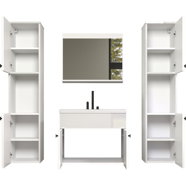 Salle de bain complete - Blanc brillant - 2 colonnes a suspendre + Meuble vasque + miroir - HAVEN Salle de bain complete - Blanc brillant - 2 colonnes a suspendre + Meuble vasque + miroir - HAVEN