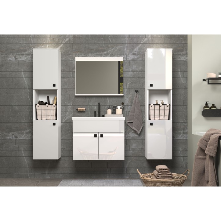 Salle de bain complete - Blanc brillant - 2 colonnes a suspendre + Meuble vasque + miroir - HAVEN Salle de bain complete - Blanc brillant - 2 colonnes a suspendre + Meuble vasque + miroir - HAVEN