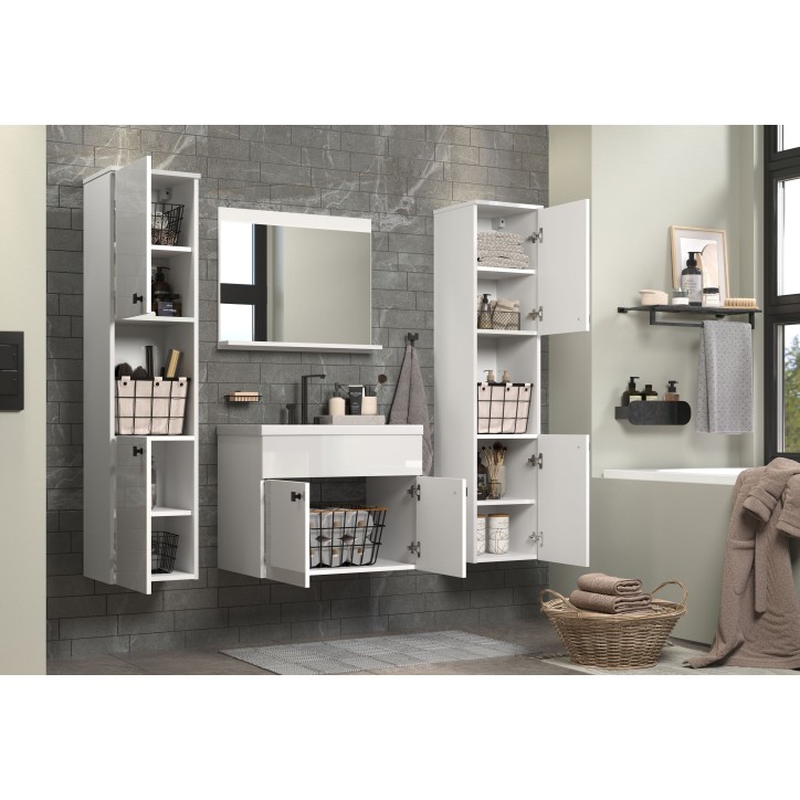 Salle de bain complete - Blanc brillant - 2 colonnes a suspendre + Meuble vasque + miroir - HAVEN Salle de bain complete - Blanc brillant - 2 colonnes a suspendre + Meuble vasque + miroir - HAVEN