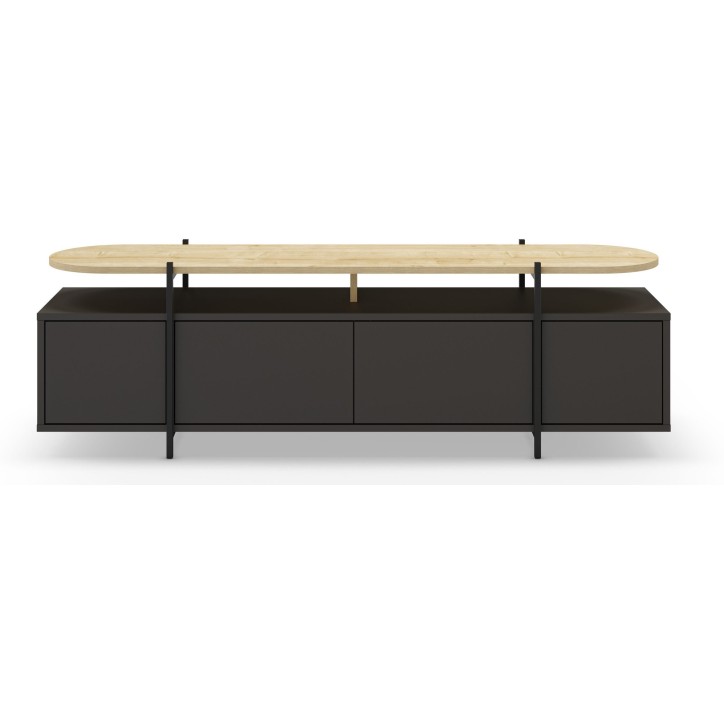Meuble TV HINOA – Chene & Noir – Plateau surélevé avec niche, 4 portes – 160 x 39 x 49,5 cm