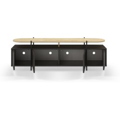 Meuble TV HINOA – Chene & Noir – Plateau surélevé avec niche, 4 portes – 160 x 39 x 49,5 cm