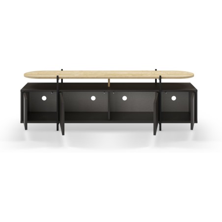 Meuble TV HINOA – Chene & Noir – Plateau surélevé avec niche, 4 portes – 160 x 39 x 49,5 cm