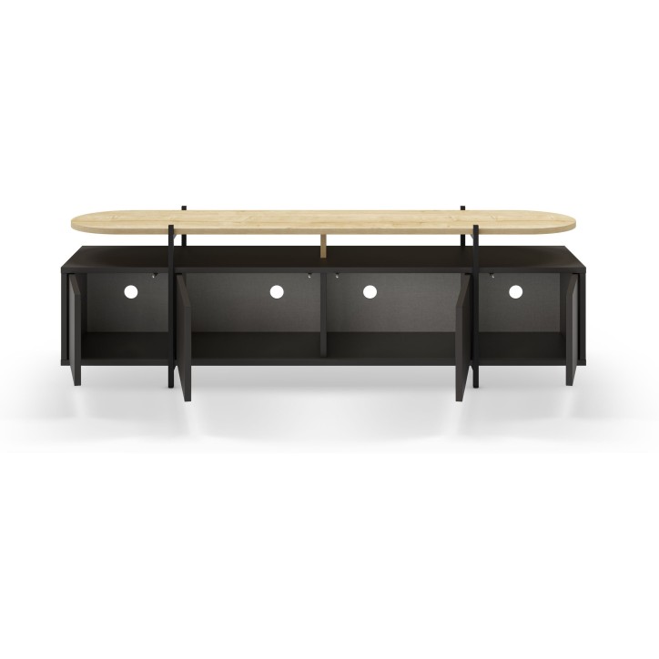 Meuble TV HINOA – Chene & Noir – Plateau surélevé avec niche, 4 portes – 160 x 39 x 49,5 cm