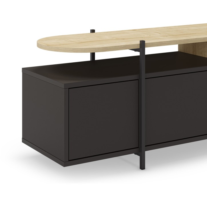 Meuble TV HINOA – Chene & Noir – Plateau surélevé avec niche, 4 portes – 160 x 39 x 49,5 cm