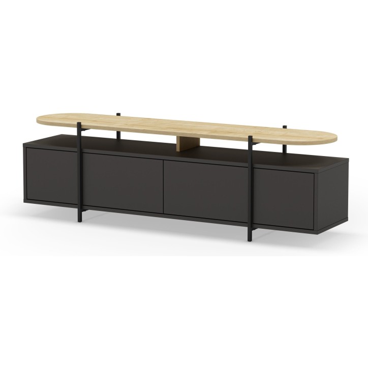 Meuble TV HINOA – Chene & Noir – Plateau surélevé avec niche, 4 portes – 160 x 39 x 49,5 cm