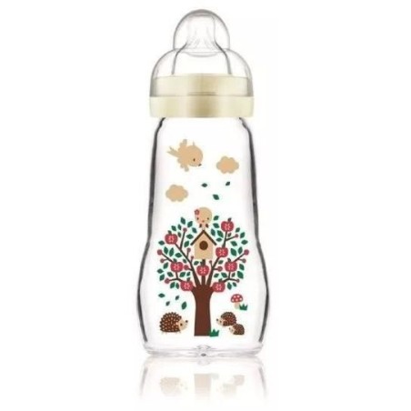 Biberon en verre MAM Hérisson Blanc 260ml - 0 a 6 mois - Tétine Déb