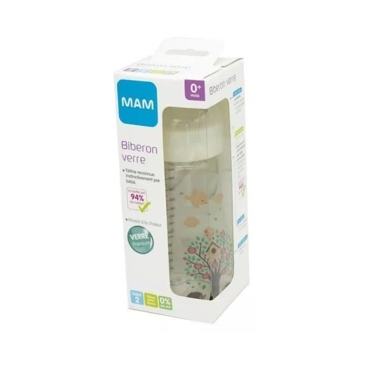Biberon en verre MAM Hérisson Blanc 260ml - 0 a 6 mois - Tétine Débit 2 Biberon en verre MAM Hérisson Blanc 260ml - 0 a 6 mois - Tétine Débit 2