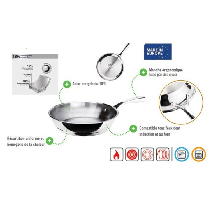 Poele - INOXIBAR - Ø 20 cm - Manche ergonomique - Tous feux dont induction - Inox