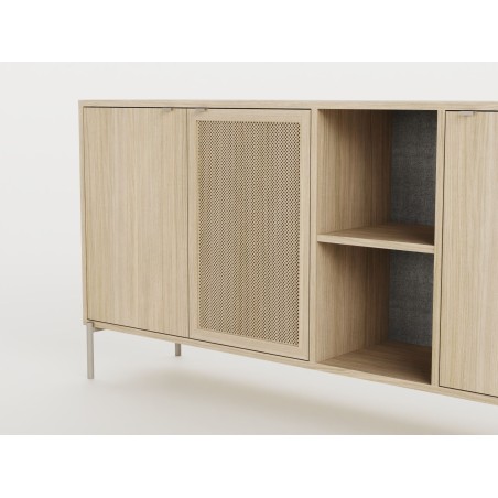 Buffet INTI - Coloris Chene Nordic Clair - 3 portes, 2 niches - 164 x 44 x 80 cm