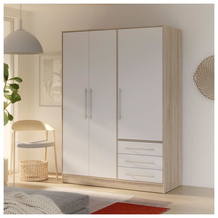 Armoire - Bois aggloméré chene et blanc - Contemporain - Chambre - L 144,6 cm