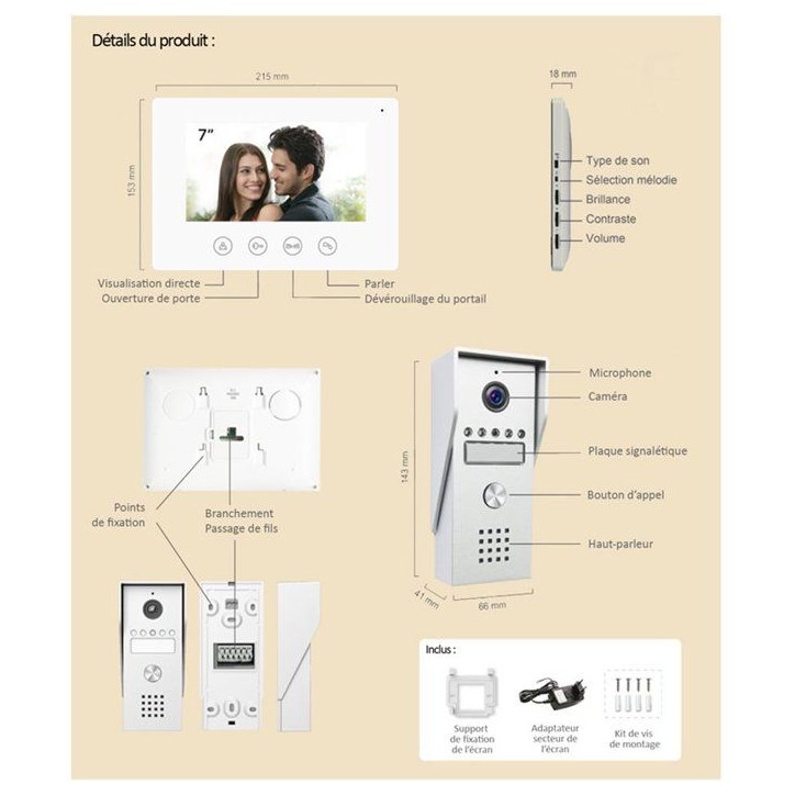 Portier Vidéo - KYF - Filaire - Connecté Wifi - Ecran tactile 7'' - 2 fils