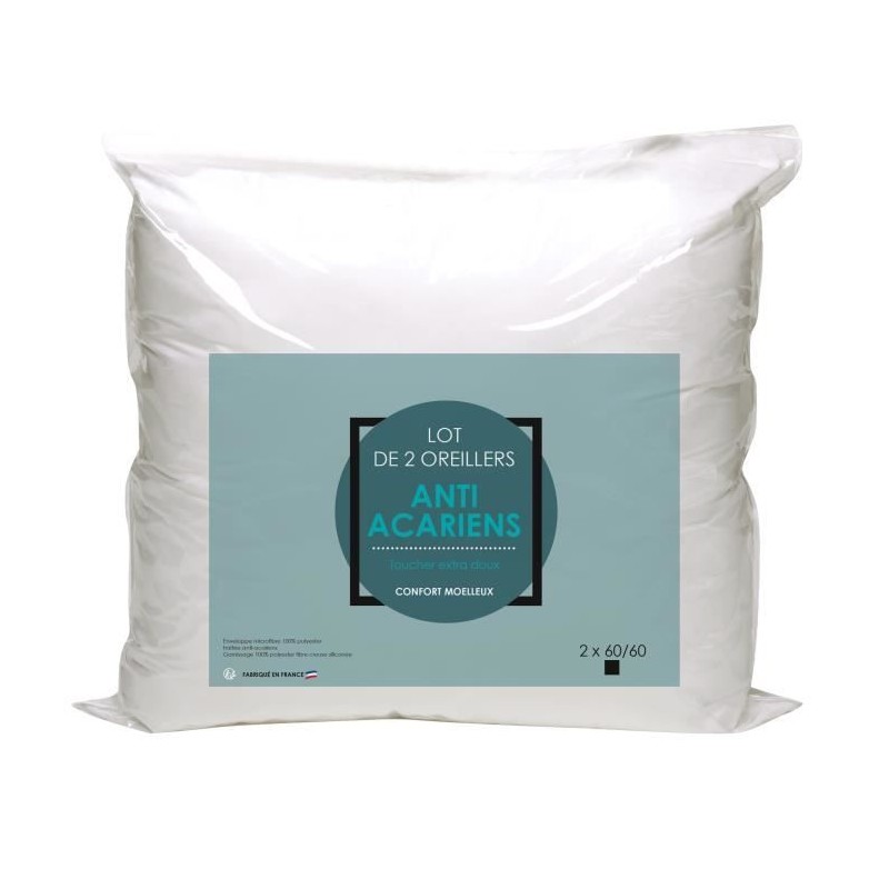 Lot de 2 Oreillers Microfibre - BLANREVE - Anti-Acariens - 60 x 60 cm