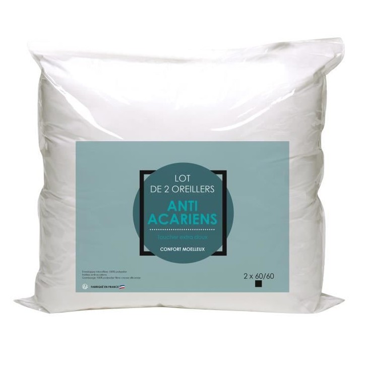 Lot de 2 Oreillers Microfibre - BLANREVE - Anti-Acariens - 60 x 60 cm - Blanc Lot de 2 Oreillers Microfibre - BLANREVE - Anti-Acariens - 60 x 60 cm - Blanc