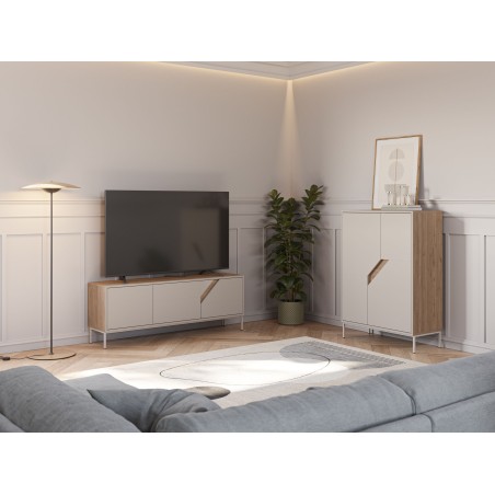 Meuble TV LILOU - Chene Artisan & Creme - 3 portes - 150 x 35 x 55 cm