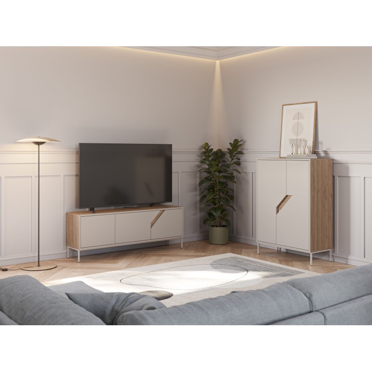 Meuble TV LILOU - Chene Artisan & Creme - 3 portes - 150 x 35 x 55 cm
