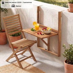 Table de balcon suspendue - LILOU - Bois d'acacia FSC - Pliable - 64 x 43 x 80 cm