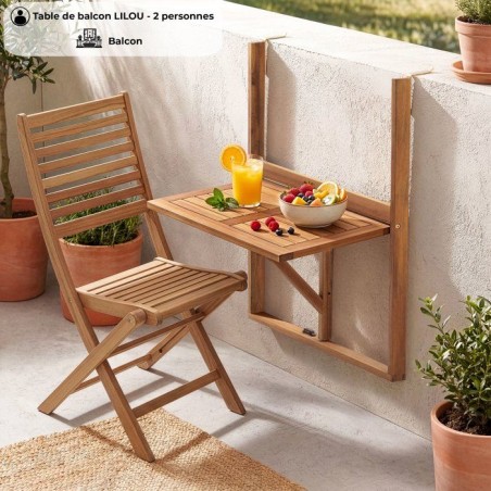 Table de balcon suspendue - LILOU - Bois d'acacia FSC - Pliable - 64 x 43 x 80 cm