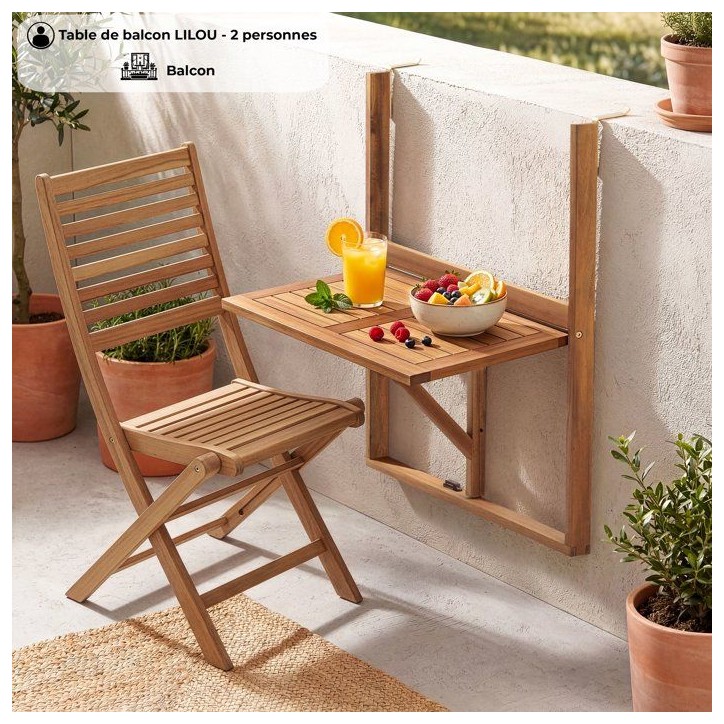 Table de balcon suspendue - LILOU - Bois d'acacia FSC - Pliable - 64 x 43 x 80 cm