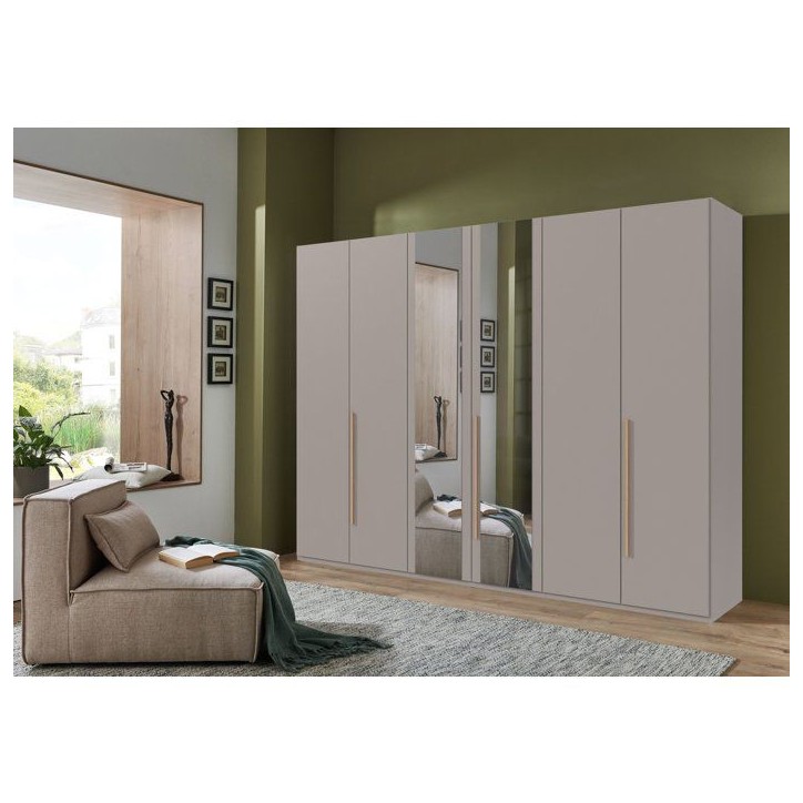 Armoire de chambre - LONDON - Couleur Gris Sahara - 6 portes battantes - 2 miroirs - 3 tiroirs - L270 x P58 x H208 cm Armoire de chambre - LONDON - Couleur Gris Sahara - 6 portes battantes - 2 miroirs - 3 tiroirs - L270 x P58 x H208 cm