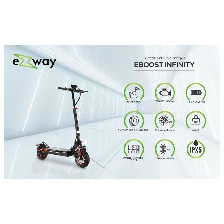 Trottinette électrique tout terrain pliable EBOOST INFINITY - EZWAY - 10 - 48V - 800W - Auto 90KM Feu stop + clignotants Trottinette électrique tout terrain pliable EBOOST INFINITY - EZWAY - 10 - 48V - 800W - Auto 90KM Feu stop + clignotants