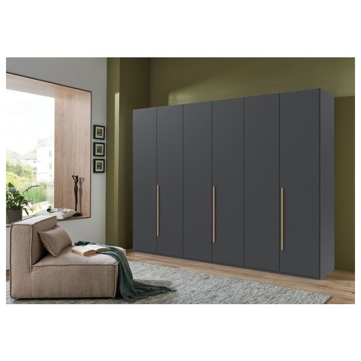 Armoire de chambre - LONDON - Couleur Graphite - 6 portes battantes - 3 tiroirs - 270 x 58 x 208 cm