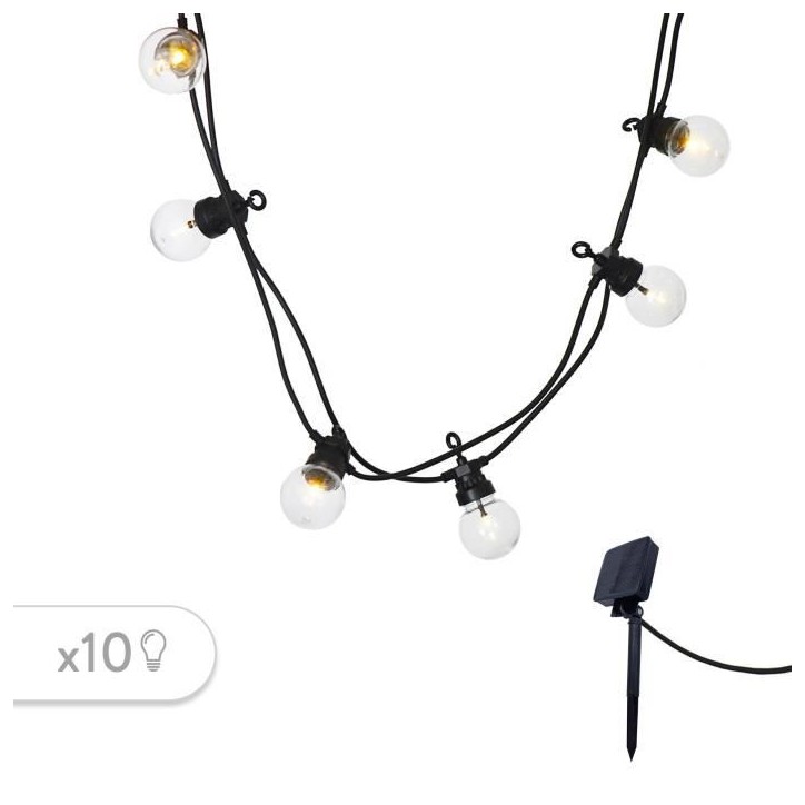 PARTY CLEAR SOLAR Guirlande lumineuse solaire - 10 globes transparents - LED blanc chaud - 5.90m - 8 modes