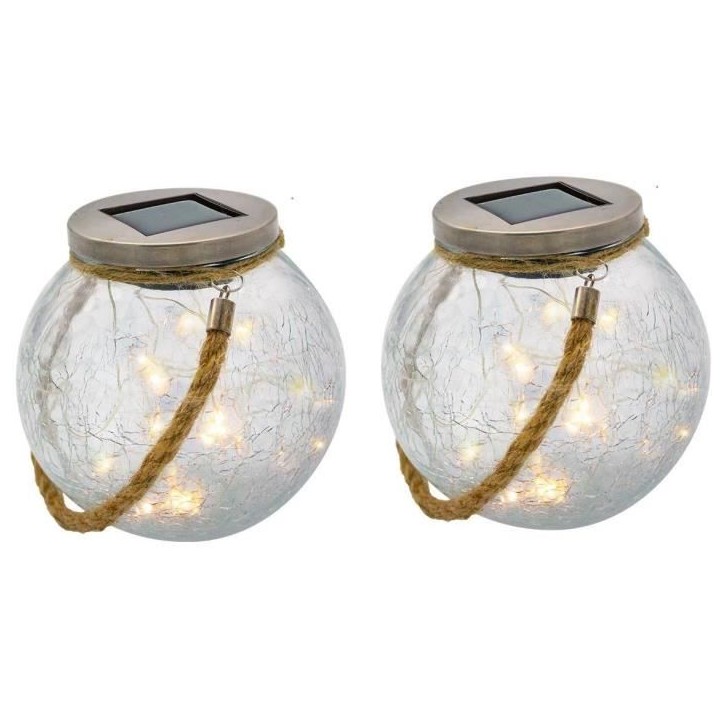 Lot de 2 boules solaires - LUMISKY - CRACK BALL CORD - H13 cm - Verre craquelé a poser - Poignée corde micro - LED blanc chaud
