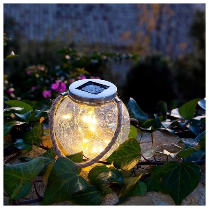 Lot de 2 boules solaires - LUMISKY - CRACK BALL CORD - H13 cm - Verre craquelé a poser - Poignée corde micro - LED blanc chaud