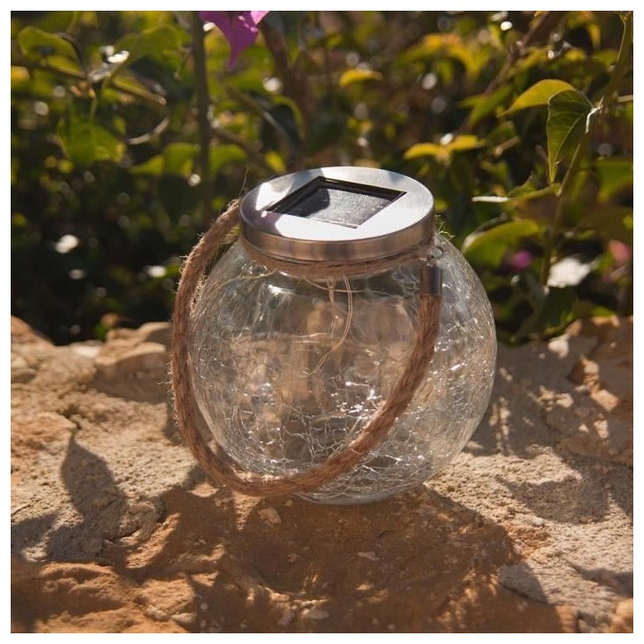 Lot de 2 boules solaires - LUMISKY - CRACK BALL CORD - H13 cm - Verre craquelé a poser - Poignée corde micro - LED blanc chaud