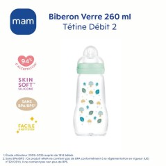 MAM Biberon Verre Nature - 260ml - Aqua - Tétine Débit 2