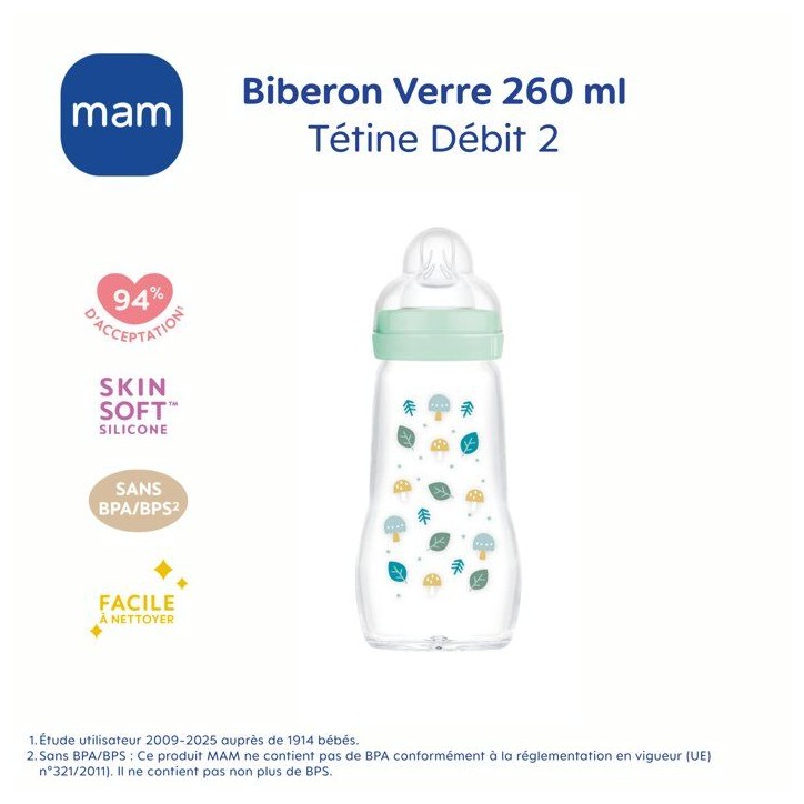MAM Biberon Verre Nature - 260ml - Aqua - Tétine Débit 2 MAM Biberon Verre Nature - 260ml - Aqua - Tétine Débit 2