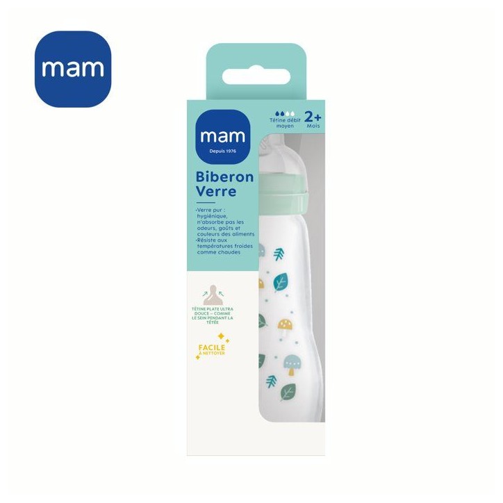 MAM Biberon Verre Nature - 260ml - Aqua - Tétine Débit 2 MAM Biberon Verre Nature - 260ml - Aqua - Tétine Débit 2